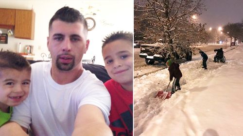 Kids ask father to stop the car so they can help wheelchair-user shovel snow