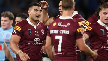David Fifita reacts to a Queensland try.