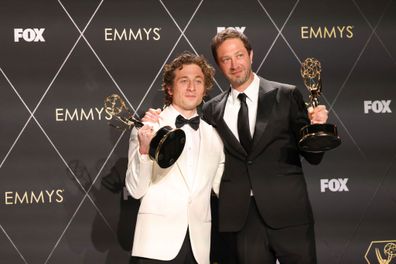 Outstanding Supporting Actor in a Comedy Series Ebon Moss-Bachrach (R) and Outstanding Lead Actor in a Comedy Series Jeremy Allen White for "The Bear" pose in the press room during the 75th Emmy Awards at the Peacock Theatre at L.A. Live in Los Angeles on January 15, 2024. 