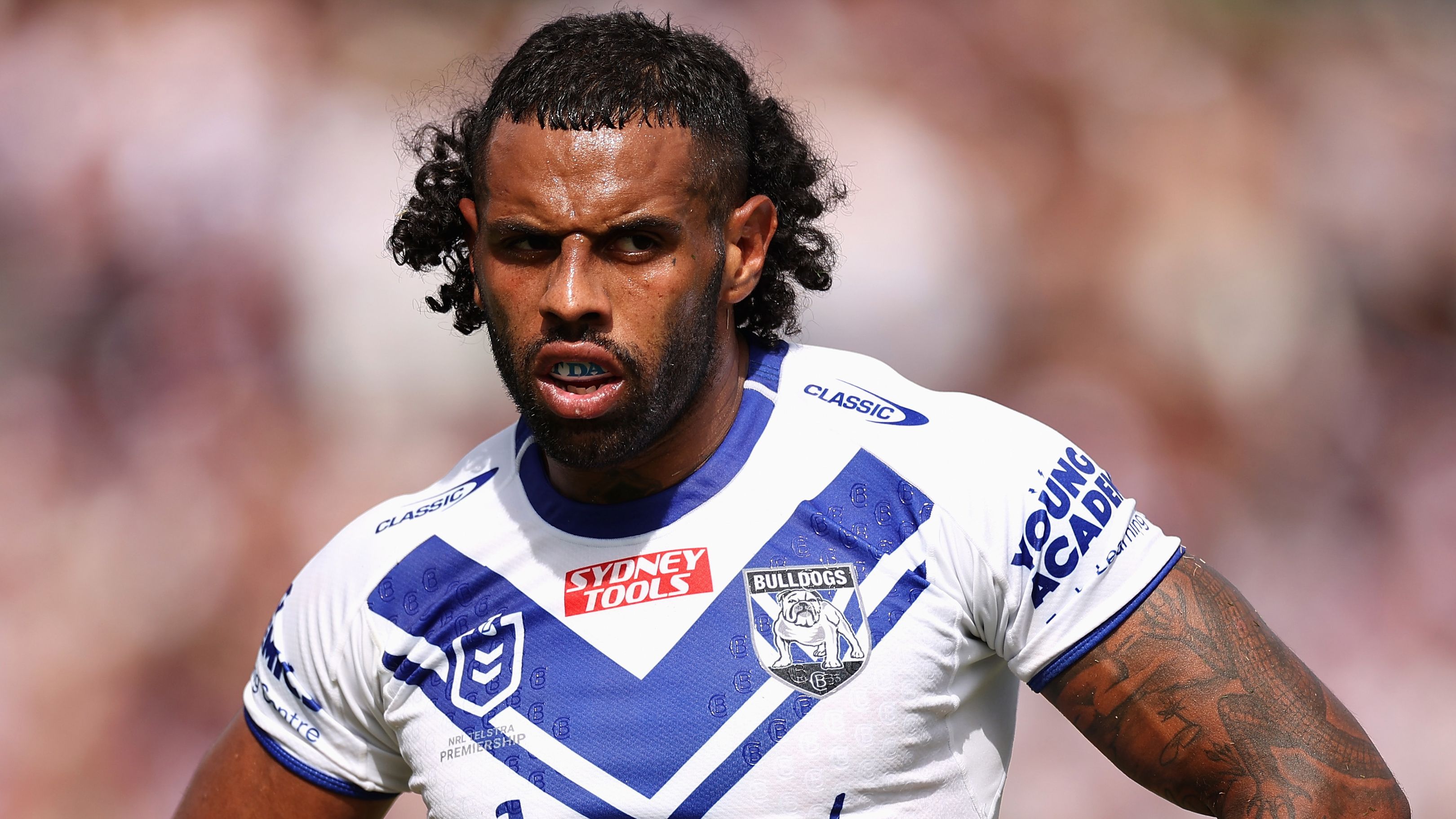 SYDNEY, AUSTRALIA - MARCH 04: Josh Addo-Carr of the Bulldogs looks on during the round one NRL match between the Manly Sea Eagles and the Canterbury Bulldogs at 4 Pines Park on March 04, 2023 in Sydney, Australia. (Photo by Cameron Spencer/Getty Images)
