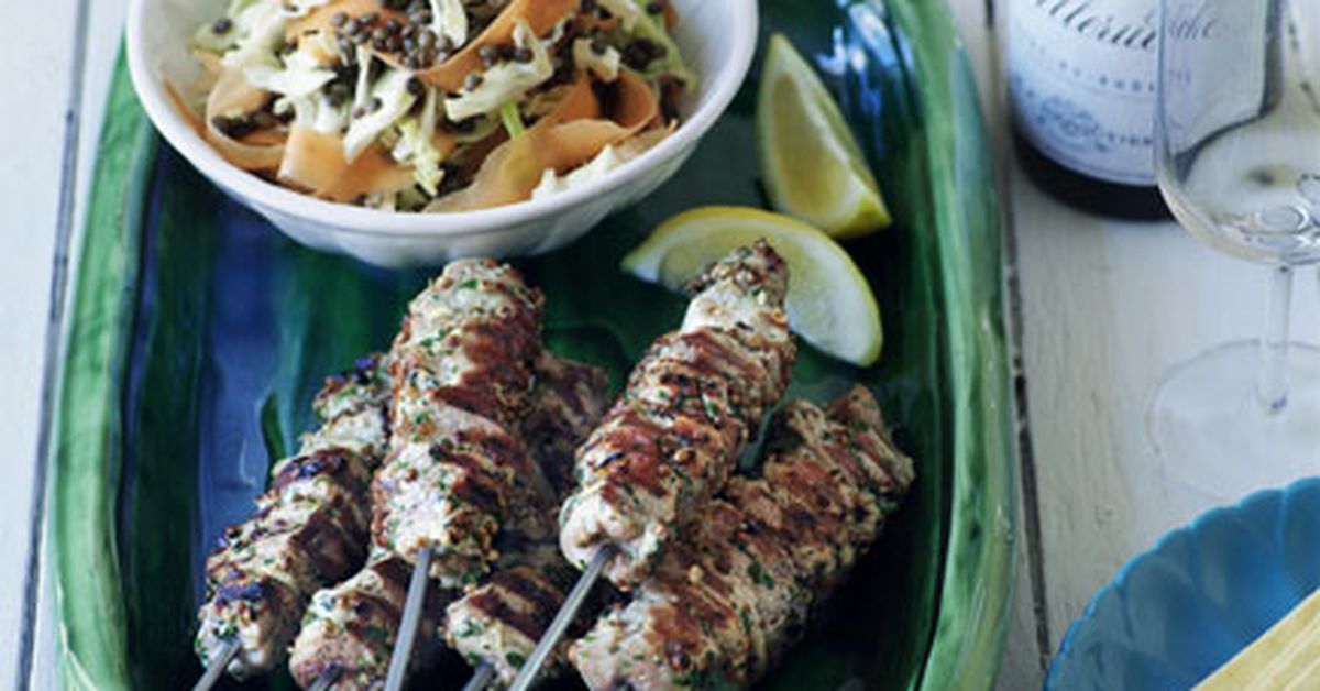Barbecued pork and coriander kebabs with cabbage, carrot and lentil salad - 9Kitchen