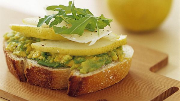 Pear, avocado and rocket open sandwiches