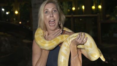 Catriona's Greatest Getaways host giant yellow python freak out