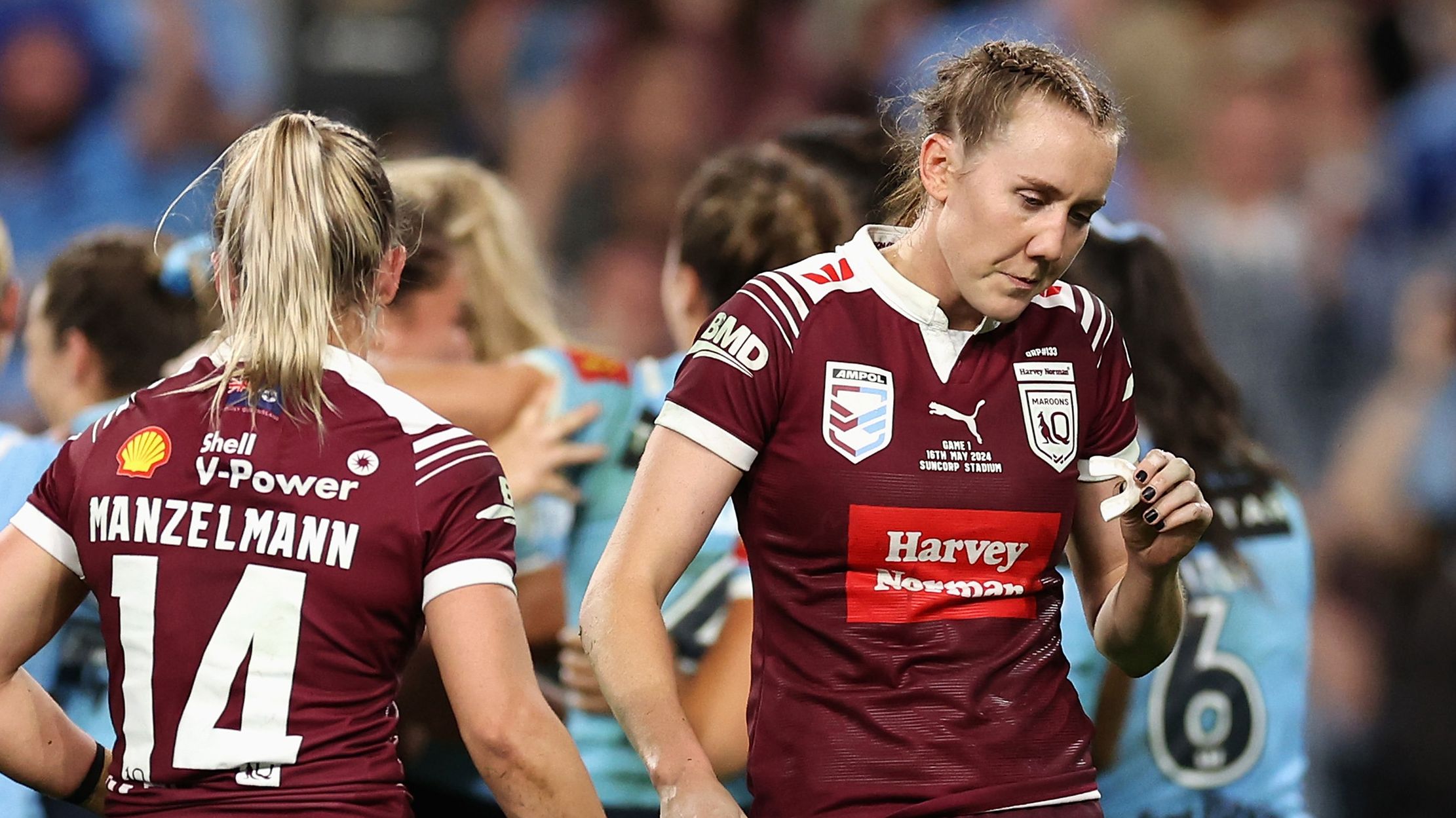 Tamika Upton of the Maroons looks dejected after a Blues try during game one of the 2024 Women&#x27;s State of Origin series between Queensland and New South Wales at Suncorp Stadium on May 16, 2024 in Brisbane, Australia. (Photo by Hannah Peters/Getty Images)