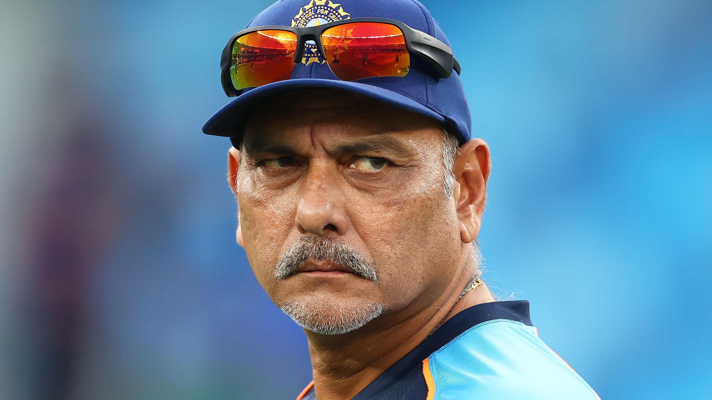 DUBAI, UNITED ARAB EMIRATES - NOVEMBER 05: Ravi Shastri, Head Coach of India looks on during the ICC Men&#x27;s T20 World Cup match between India and Scotland at Dubai International Cricket Ground on November 05, 2021 in Dubai, United Arab Emirates. (Photo by Michael Steele-ICC/ICC via Getty Images)