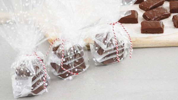 3-ingredients fudge, wrapped and ready for Christmas