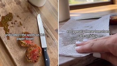 Tomato sliced in half to remove seeds, which are then saved on a paper towel.