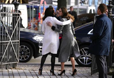 Kate, Duchess of Cambridge and Denmark's Crown Princess Mary depart after a visit to the Danner Crisis Centre on February 23, 2022 in Copenhagen, Denmark