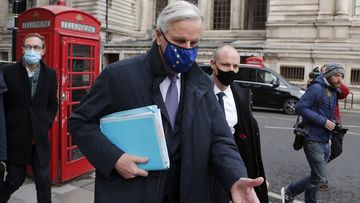 European Commission&#x27;s Head of Task Force for Relations with the United Kingdom Michel Barnier walks from his hotel to the Conference Centre in London, Wednesday, Nov. 11, 2020.