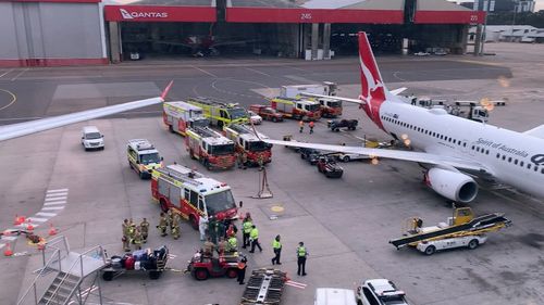 Hazmat crews and firefighters were called to the Qantas terminal just after 9am after the discovery of a unidentified package in the baggage hold of the aircraft