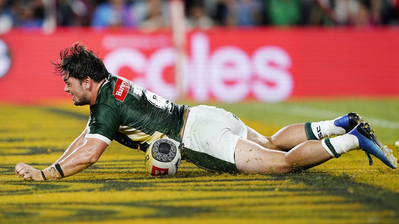 Brandon Smith of the Maori Kiwis scores a try during the NRL Indigenous All-Stars vs Maori Kiwis match at CBus Super Stadium on the Gold Coast, Saturday, February 22, 2020