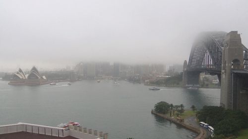 Sydney Harbour shrouded in misty rain this morning.