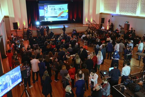 Labour Party supporters gather for an election night event in Wellington, Saturday, Oct. 14, 2023, prior to the results of a general election.  