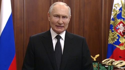 In this handout photo taken from video released by Russian Presidential Press Service, Russian President Vladimir Putin addresses the nation in Moscow, Russia, Saturday, June 24, 2023. Putin addressed the nation after mercenary chief Yeveny Prigozhin called for armed rebellion after reaching Rostov-on-Don, a Russian city, home to the Russian military headquarters that oversees the fighting in Ukraine. (Russian Presidential Press Service via AP)