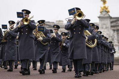 The changing of the guard ceremony takes place on The Mall outside Buckingham Palace on January 24, 2022 in London, England 