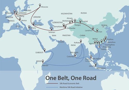 Graphic showing China's Belt Road Initiative (BRI) - also known as One Belt, One Road.