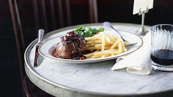 Steak with Bordelaise sauce, shoestring fries and watercress salad
