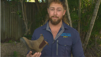 Mullet Mick snake wrangler finds venomous reptile hiding in shoe