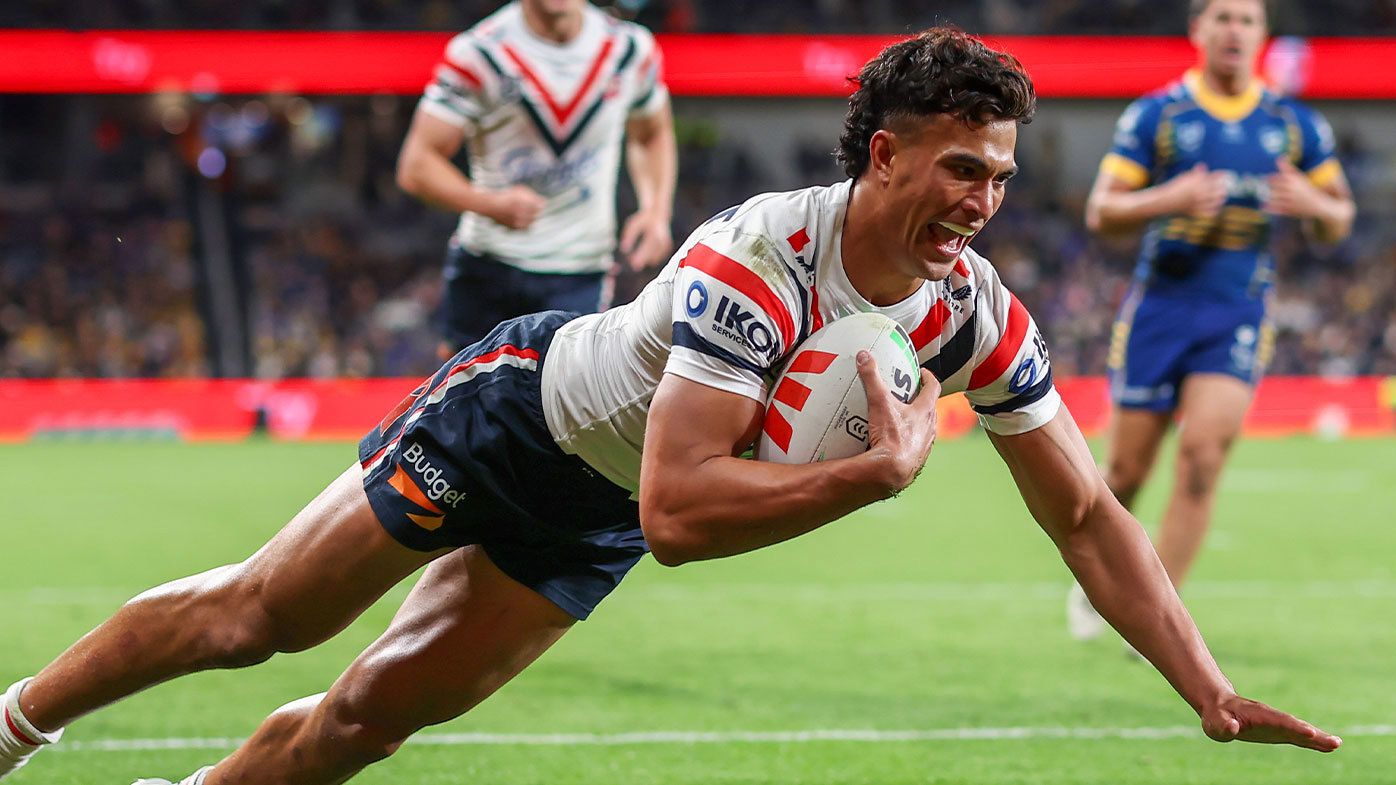 Joseph Suaalii scores a try for the Sydney Roosters during the 2023 NRL season
