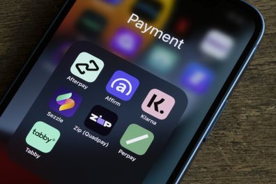 Portland, OR, USA - Oct 20, 2021: Assorted payment apps offering Buy Now Pay Later services are seen on an iPhone, including Afterpay, Affirm, Klarna, Sezzle, Zip (Quadpay), Perpay, and Tabby.