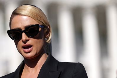 Paris Hilton speaks during a news conference outside the U.S. Capitol October 20, 2021 in Washington, DC.