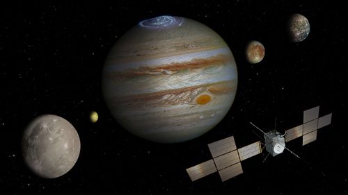 In the artists impression, which is not to scale, Ganymede is shown in the foreground, Callisto to the far right, and Europa centre-right. 