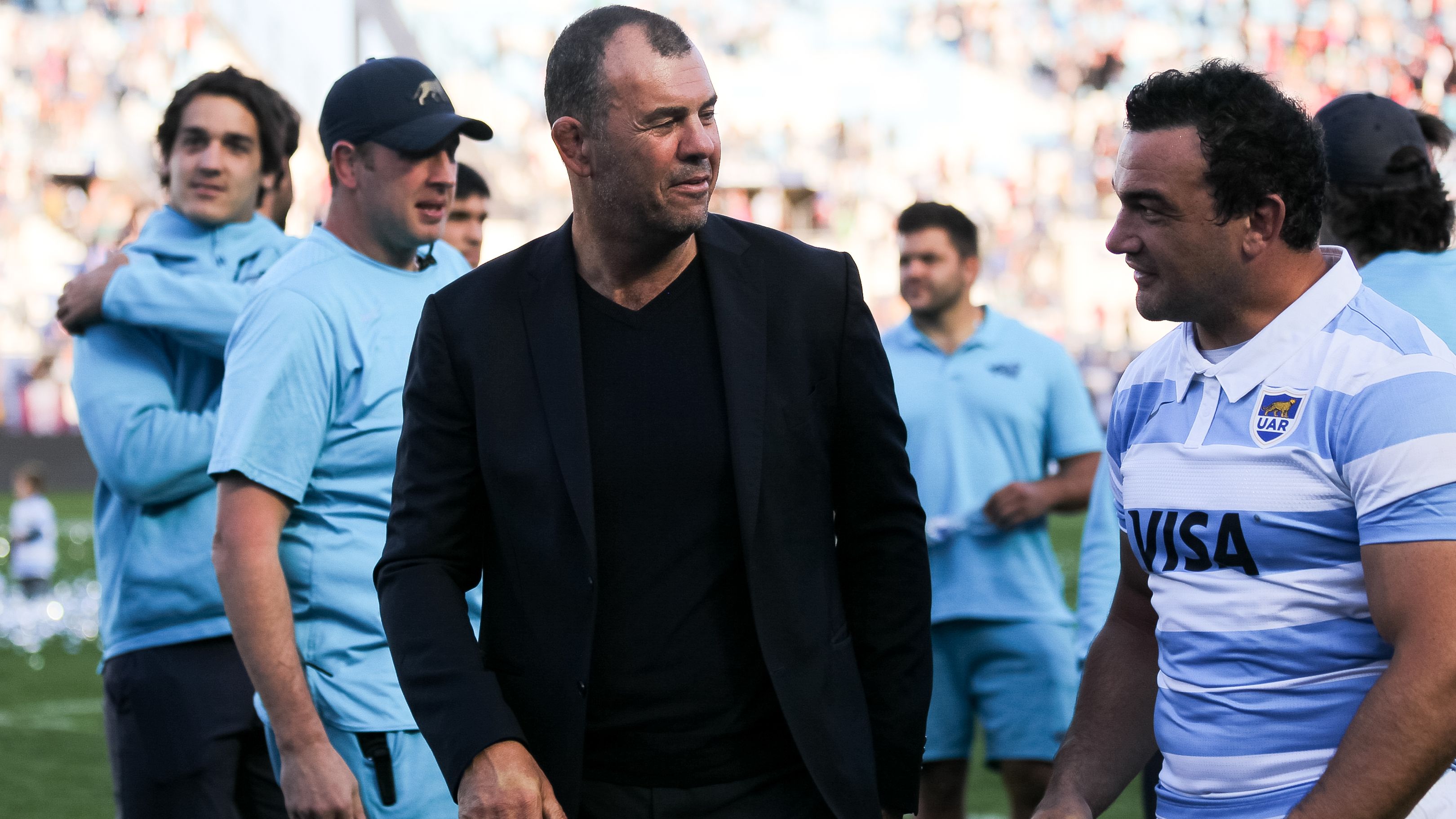 Michael Cheika and Agustín Creevy of Argentina after the Rugby Championship match.