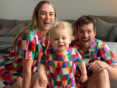 Steph Claire Smith in matching PJs with husband Josh Miller and their son Harvey.