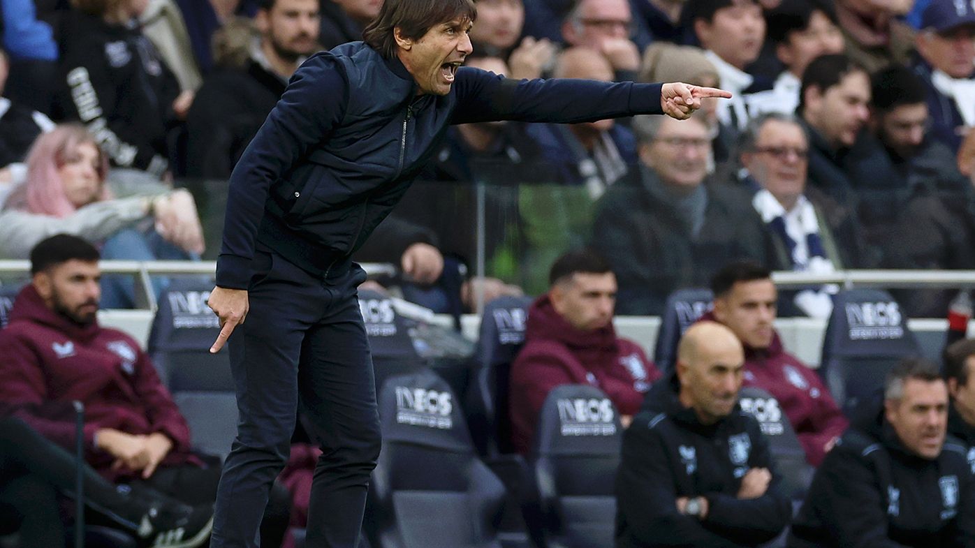 Tottenham manager Antonio Conte gestures during the team&#x27;s loss to Aston Villa.