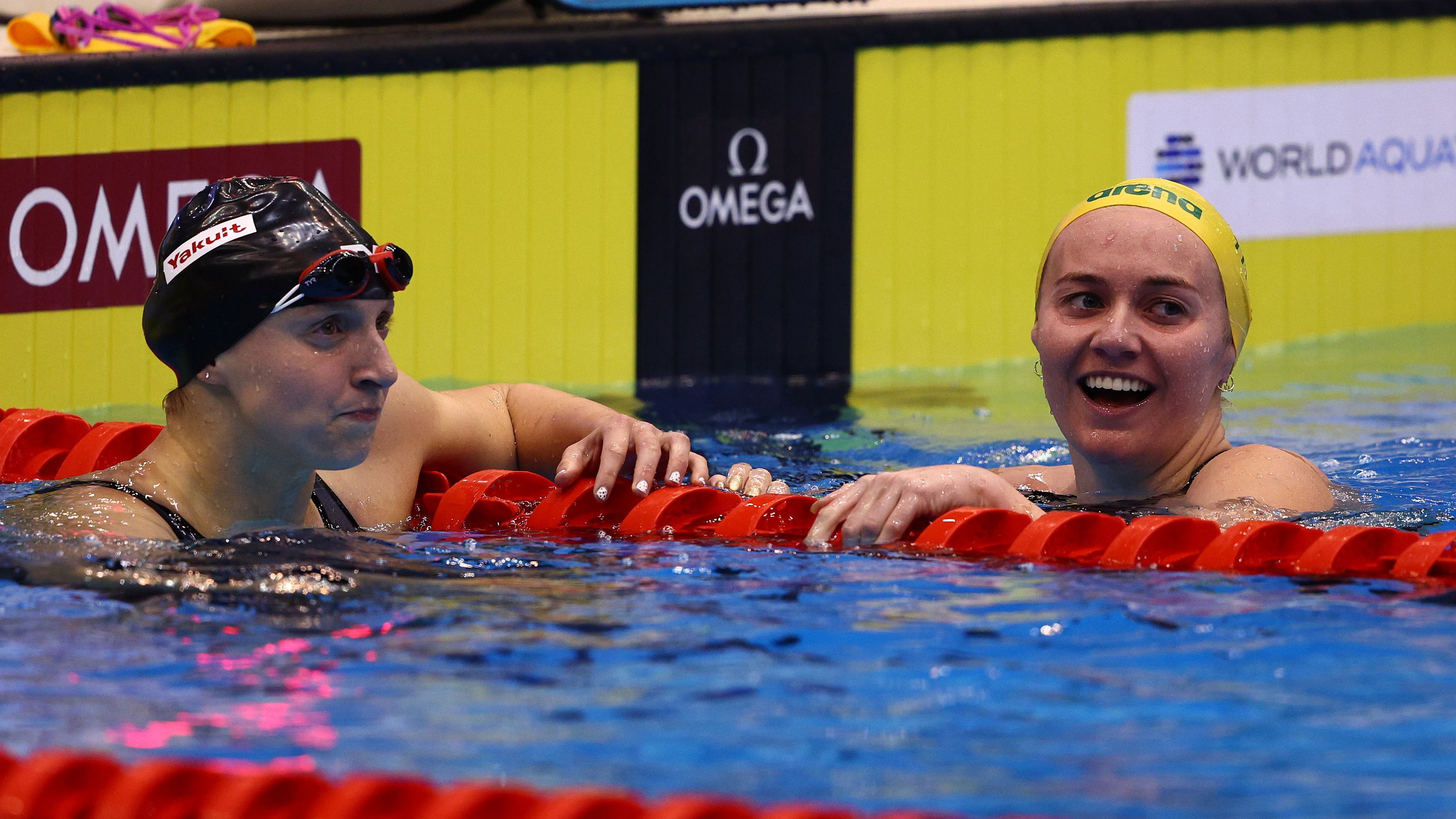FUKUOKA, JAPAN - JULY 23:  Ariarne Titmus of Team Australia (R) reacts after winning gold in the Women&#x27;s 400m Freestyle Final in a new world record time of WR 3:55.38 on day one of the Fukuoka 2023 World Aquatics Championships at Marine Messe Fukuoka Hall A on July 23, 2023 in Fukuoka, Japan. (Photo by Clive Rose/Getty Images)