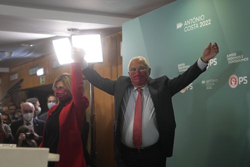 Portuguese Prime Minister and Socialist Party Secretary General Antonio Costa celebrates with his wife Fernanda Tadeu following election results. Lisbon, Monday, Jan. 31, 2022. 