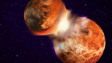 A collision between two planetary bodies of similar composition leading to the formation of the Moon. 
