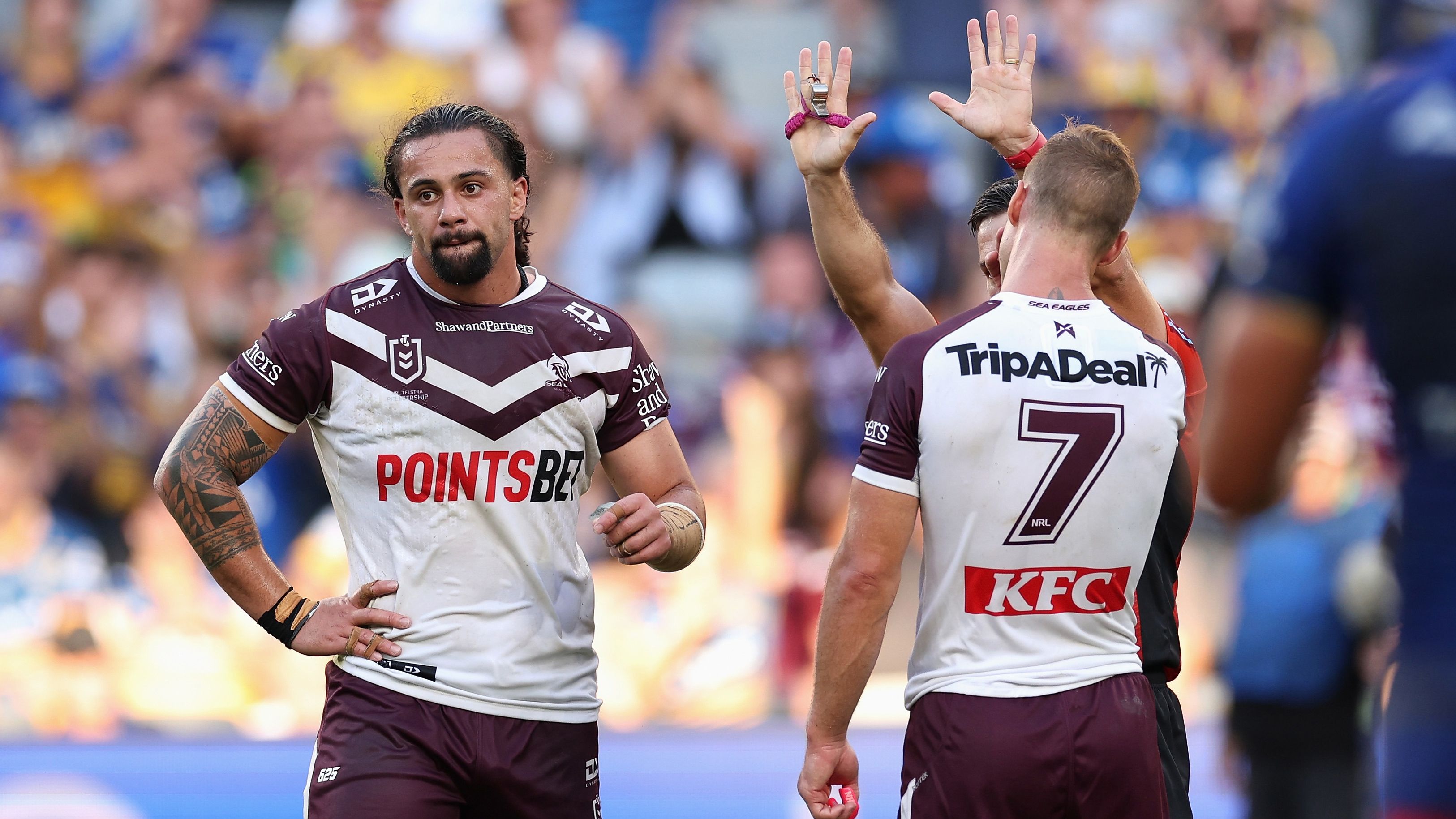 'He launches in': Josh Aloiai in hot water after late melee in Manly's loss to Parramatta