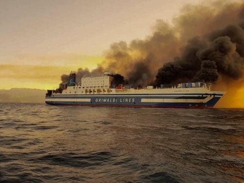 A ferry is on fire at the Ionian Sea near the island of Corfu, Greece, on Friday, Feb. 18, 2022. 