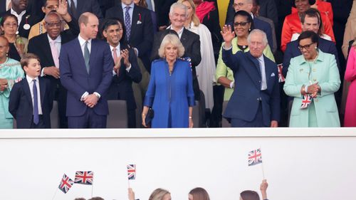 King Charles III, Queen Camilla, Prince George of Wales, Prince William, Prince of Wales, Rishi Sunak and Patricia Scotland, Baroness Scotland are seen during the Coronation Concert on May 07, 2023 in Windsor, England. The Windsor Castle Concert is part of the celebrations of the Coronation of Charles III and his wife, Camilla, as King and Queen of the United Kingdom of Great Britain and Northern Ireland, and the other Commonwealth realms that took place at Westminster