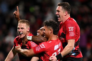 Johnny McNicholl of the Crusaders celebrates after scoring a try during the round six Super Rugby Pacific.