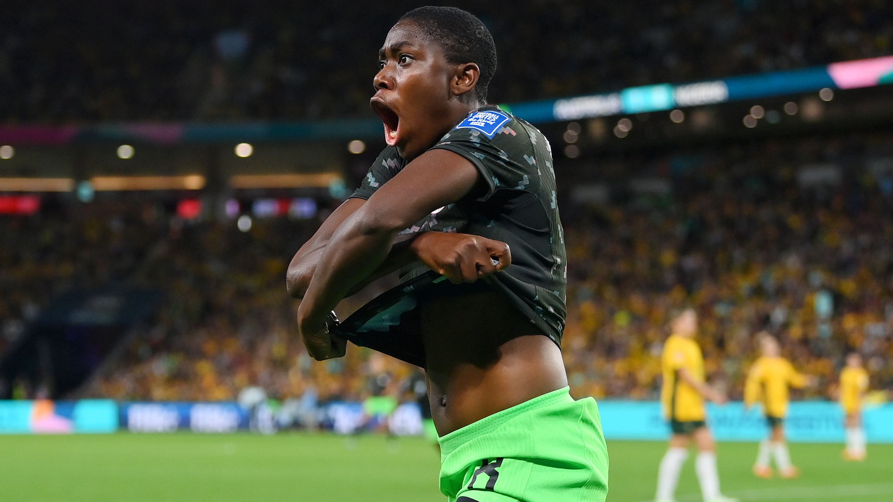 BRISBANE, AUSTRALIA - JULY 27: Asisat Oshoala of Nigeria celebrates after scoring her team&#x27;s third goal during the FIFA Women&#x27;s World Cup Australia &amp; New Zealand 2023 Group B match between Australia and Nigeria at Brisbane Stadium on July 27, 2023 in Brisbane, Australia. (Photo by Justin Setterfield/Getty Images)