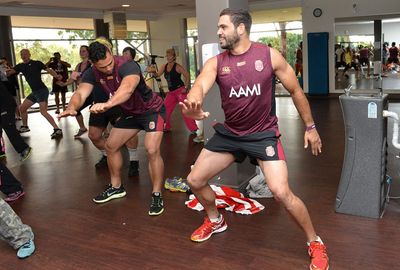 <b>Queensland stars Greg Inglis and Ben Te’o  have shown there’s plenty of spring in their step ahead of the Origin opener by gettin' jiggy with fans during a Zumba class.</b><br/><br/>The Maroons pair were attending a gym session on the Gold Coast when they joined a women’s Zumba class, shaking and jiving – much to the delight of shocked fans.<br/><br/>The impromptu show - highlighting the Maroons’ relaxed build-up - comes in stark contrast to the Blues, who have bunkered down at Coffs Harbour, training in private and even having their sleeping monitored.        <br/>