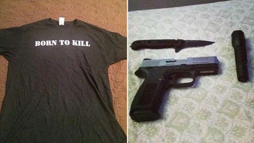 Polie allege Pagourtzis was wearing a shirt emblazoned with 'Born to Kill' when he carried out the massacre. Pictures is the shirt he posted to Facebook, and weapons uploaded to an Instagram account linked to Pagourtzis. (Facebook/Instagram)