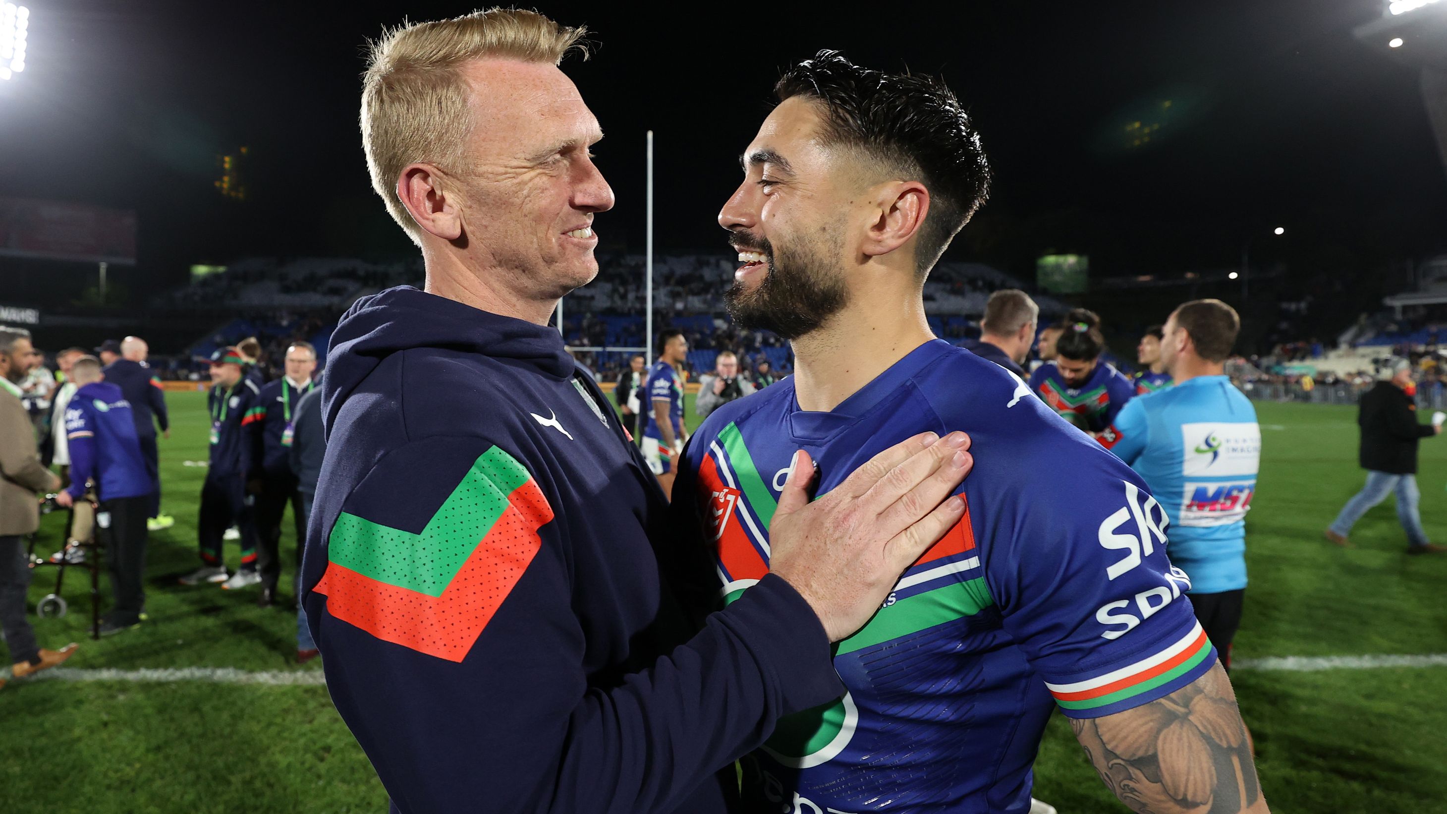 Warriors coach Andrew Webster (left) and halfback Shaun Johnson.