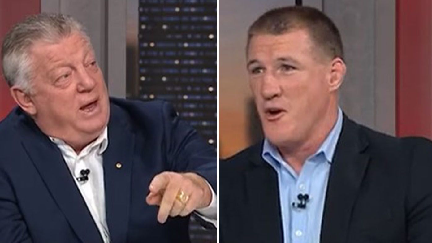 Phil Gould, Paul Gallen collide in astounding shouting match over Dragons-Knights kick-off controversy