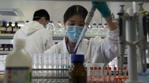 An employee of SinoVac works in a lab at a factory producing its SARS CoV-2 Vaccine for COVID-19 named CoronaVac in Beijing on Thursday, Sept. 24, 2020