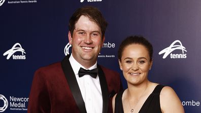 Ashleigh Barty arrives with husband Garry Kissick ahead of the 2022 Newcombe Medal at Crown Entertainment Complex on December 12, 2022 in Melbourne, Australia. 