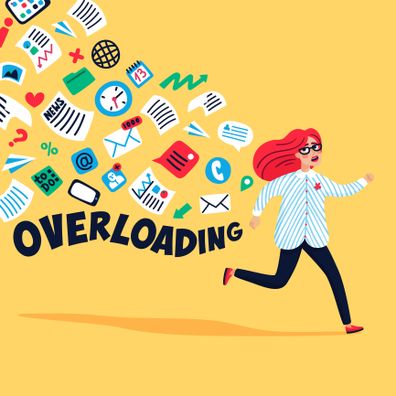 Cartoon of young woman running away from information stream: images of papers and emails chasing her. Concept of person overwhelmed by information. Colorful vector illustration in flat style