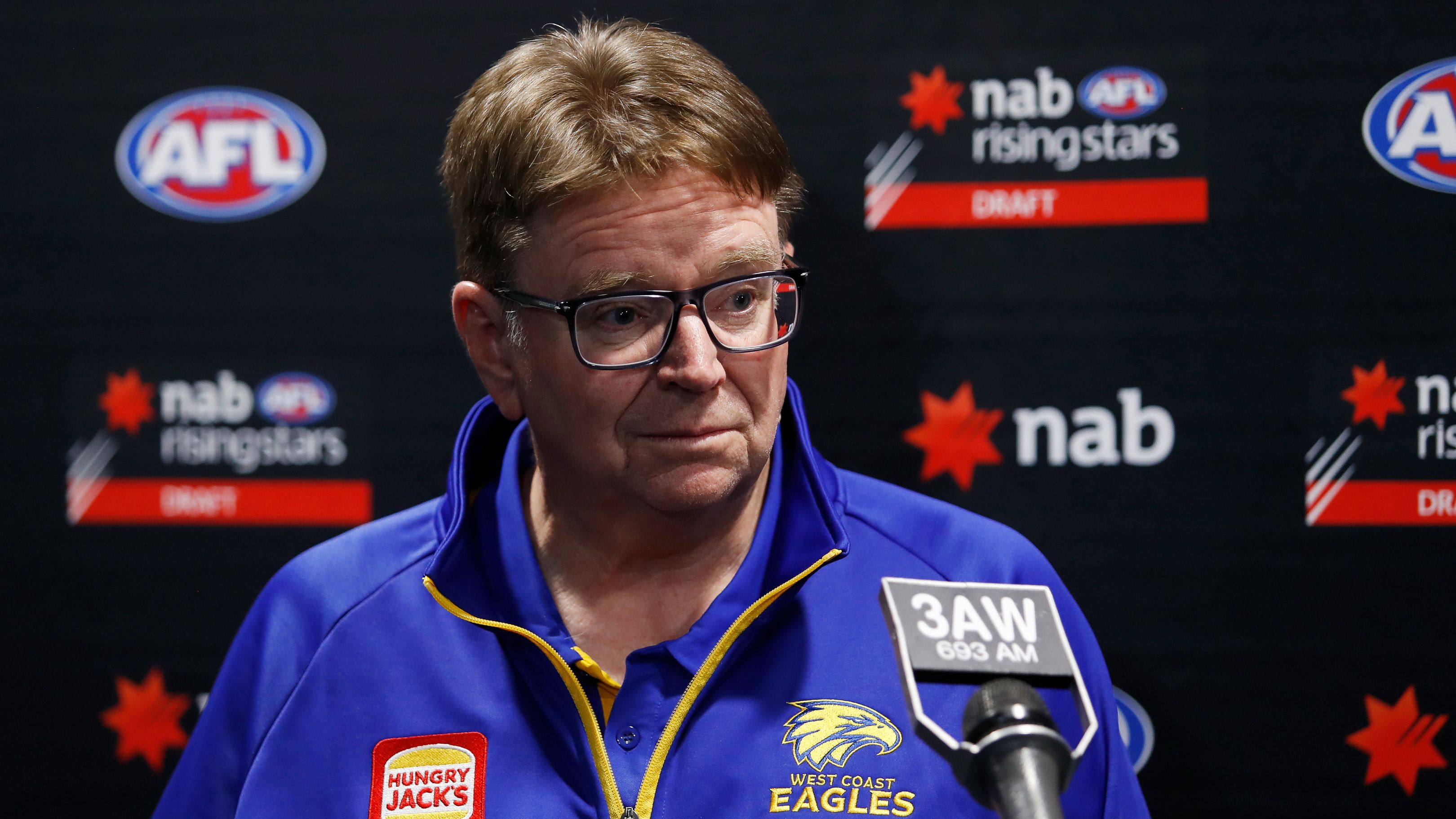 MELBOURNE, AUSTRALIA - NOVEMBER 21: Rohan OBrien, Recruiting and List Manager of the Eagles speaks with media during the 2023 AFL Draft at Marvel Stadium on November 21, 2023 in Melbourne, Australia. (Photo by Michael Willson/AFL Photos via Getty Images)