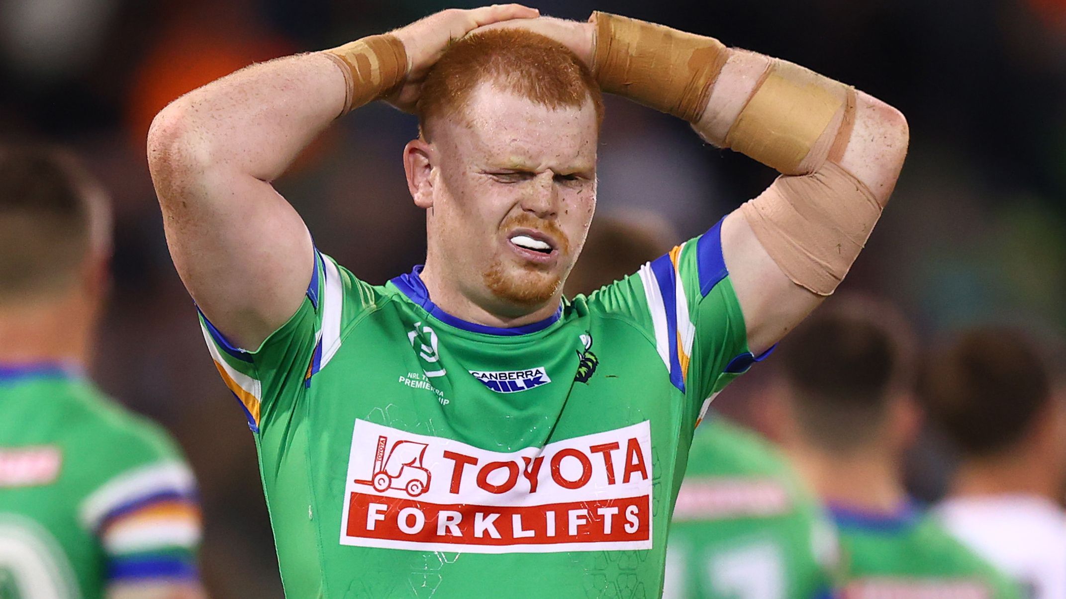 Corey Horsburgh of the Raiders during the round 26 NRL match between Canberra Raiders and Brisbane Broncos at GIO Stadium on August 26, 2023 in Canberra, Australia. (Photo by Mark Nolan/Getty Images)
