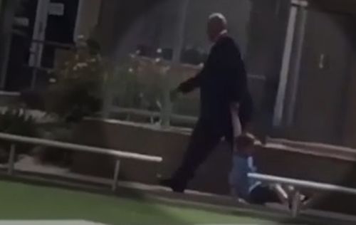 The video shows the principal of Manor Lakes P12 school in Wyndham Vale dragging a student by the arm.