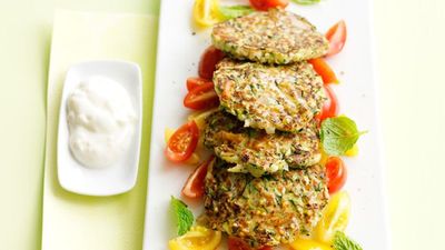 Click here for our <a href="http://kitchen.nine.com.au/2016/05/16/14/48/zucchini-fritters-with-tomato-mint-salad" target="_top">Zucchini fritters with tomato mint salad</a>