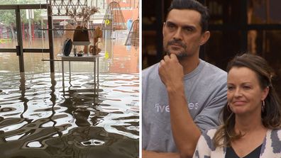 The Block's Andy and Deb show the reality of the NSW floods with her shop under water