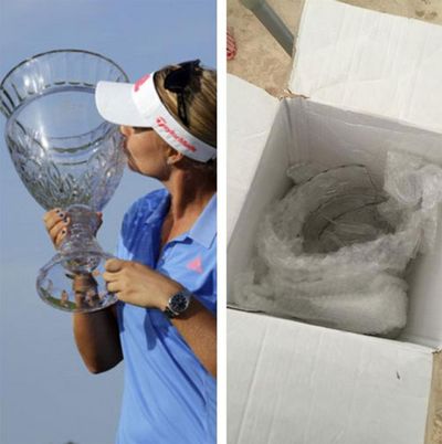 <b>An LPGA golfer will think again before using shippers FedEx after her ShopRite Classic trophy was destroyed in transit.</b><br/><br/>Sweden's Anna Nordqvist was left speechless when she found the giant glass trophy shattered "in a thousand pieces".<br/><br/>However, she did find a bright side to the mishap.<br/><br/>"I told my team I was going to share my win with them," she tweeted. "Now they can all have a piece of the trophy." (AAP)<br/><br/>Click through to watch other trophy fails ...<br/>